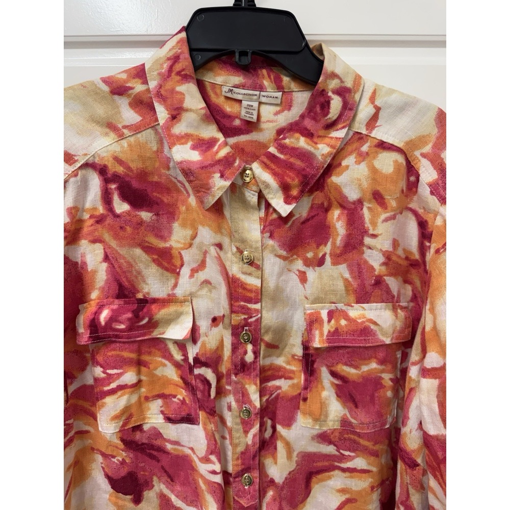 20W JM Collection Woman Linen Top Blouse Floral Button Front A12